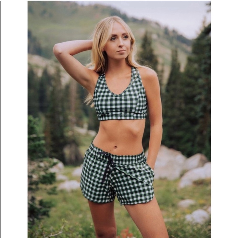 Albion Fit Sprinter Shorts Green White Agnes Gingham Print Elastic Waistband